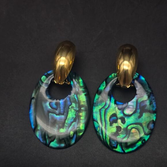 Abalone Paua Shell Earrings Oval Discs Beachy Costume Jewelry - Picture 1 of 9